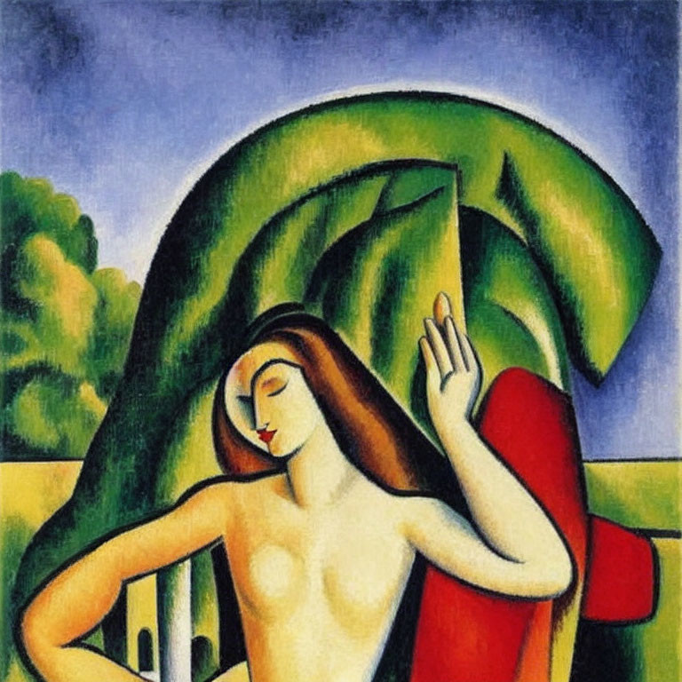 Vibrant Cubist Nude Painting with Green Foliage Backdrop