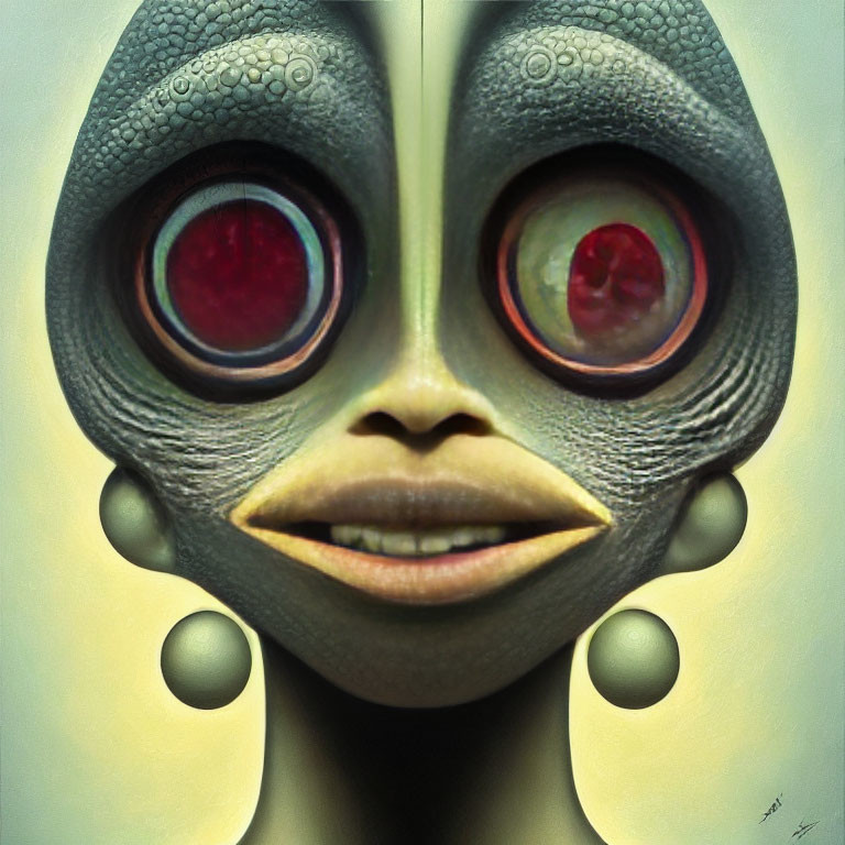 Surreal portrait of creature with red eyes and greenish skin