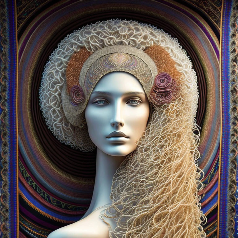 Vibrant female figure with stylized hair and headdress in intricate patterns