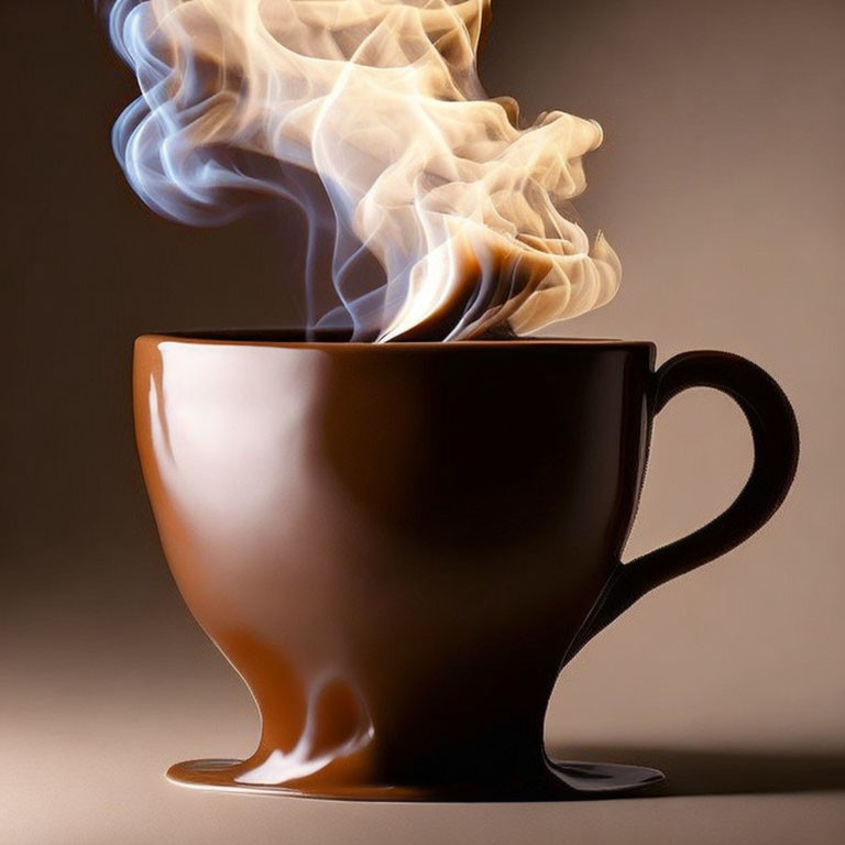 Steaming brown coffee cup on neutral background with swirls of steam