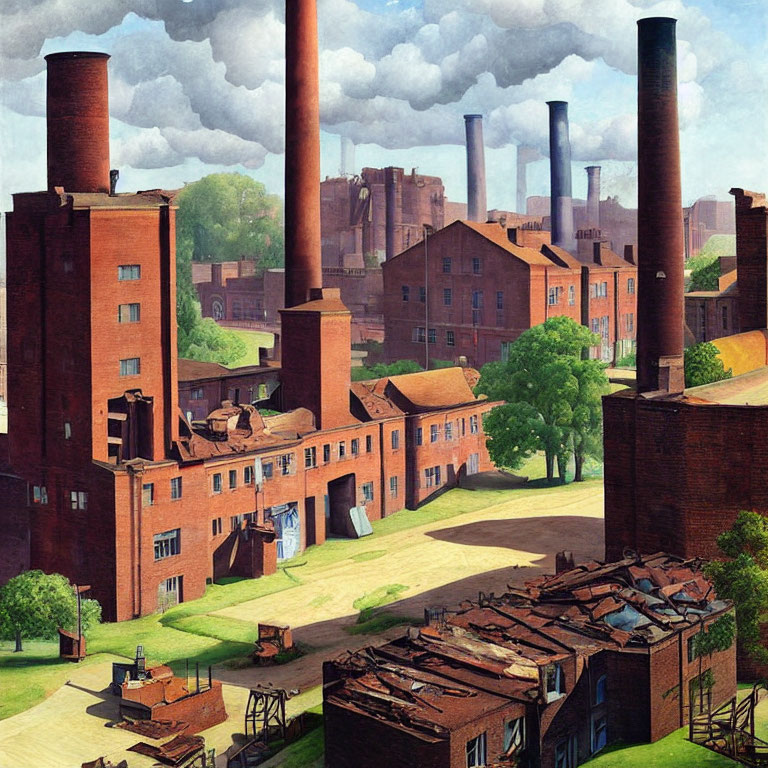 Industrial complex with brick buildings and smokestacks in green landscape.