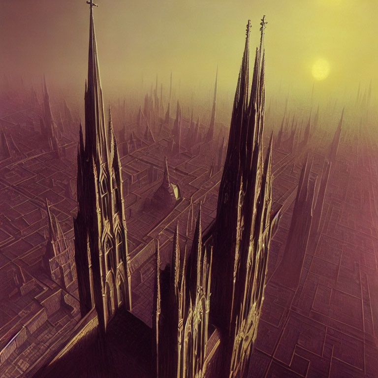 Dystopian sepia-toned cityscape with gothic spires under dim sun