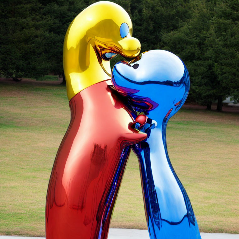 Abstract Red and Blue Sculptures Kissing on Grass Background