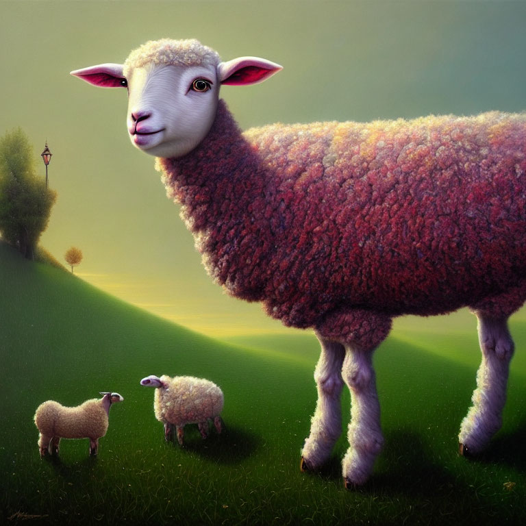 Surreal painting featuring giant sheep in grassy landscape