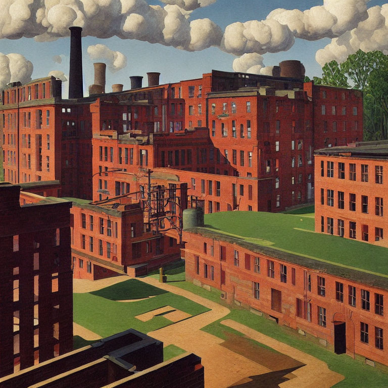 Industrial orange brick buildings under cloudy blue sky with smokestacks and fire escape stairs
