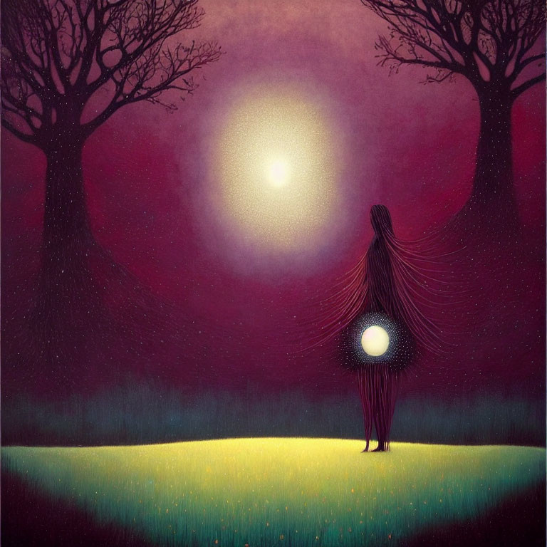 Stylized illustration of figure with long hair holding glowing orb in mystical forest under oversized moon