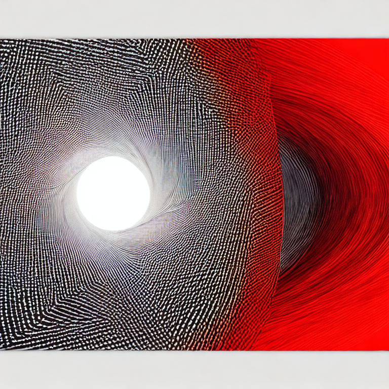 Abstract Digital Artwork: White Circular Void on Black and White Background with Red Swirling Texture