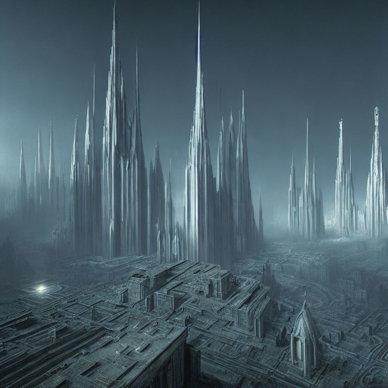 Futuristic cityscape with tall spire-like skyscrapers in blue haze