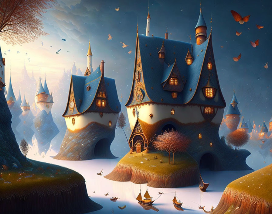 Whimsical Fantasy Landscape with Castles, Islands, Boats, and Butterflies