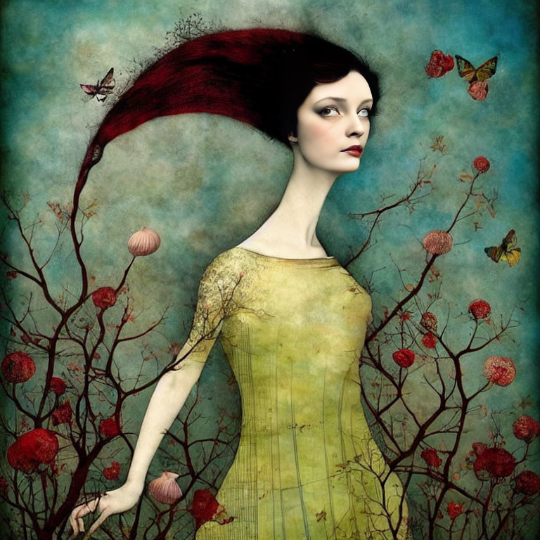 Surreal portrait of woman with red hair and butterflies on teal backdrop