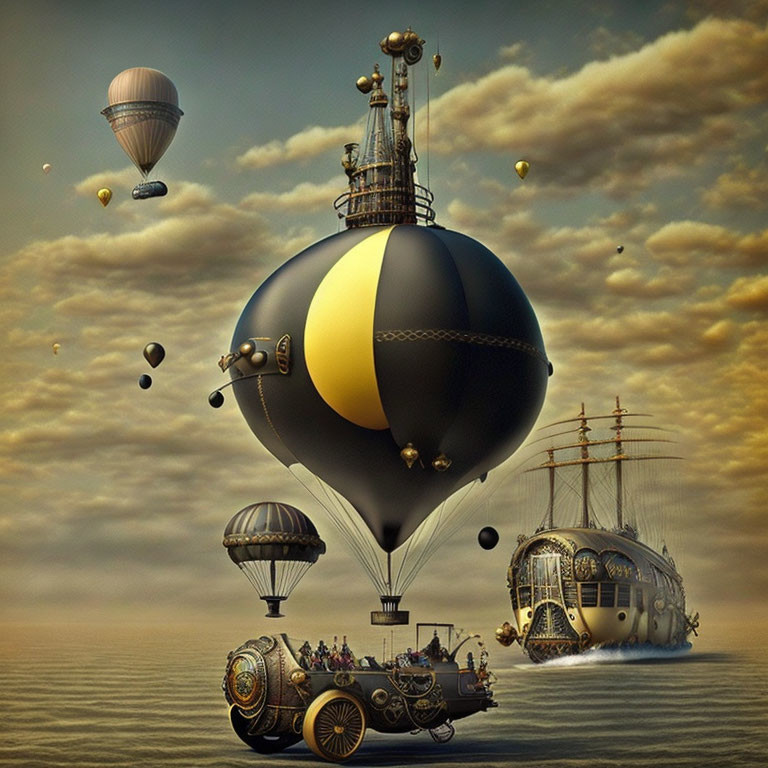 Steampunk-themed scene featuring airships, floating city, cloud submarine, vintage car.