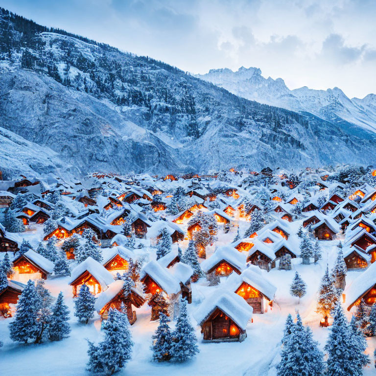 Snowy Mountain Village with Cozy Chalets at Dusk