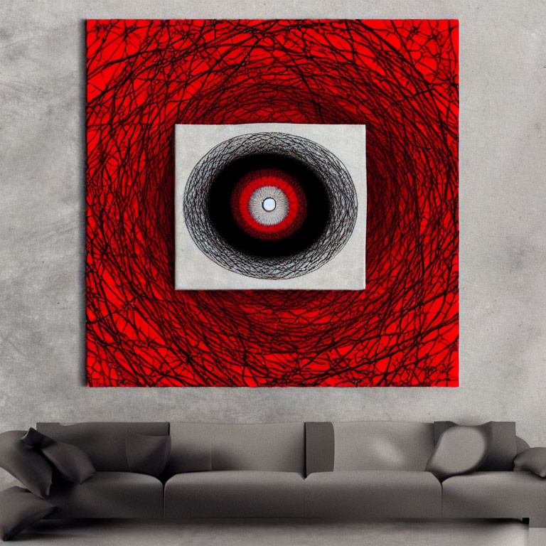 Abstract concentric circles art above gray sofa on concrete wall