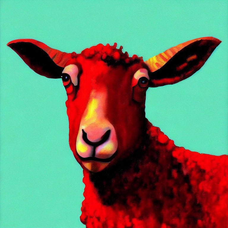 Stylized red sheep portrait on turquoise background