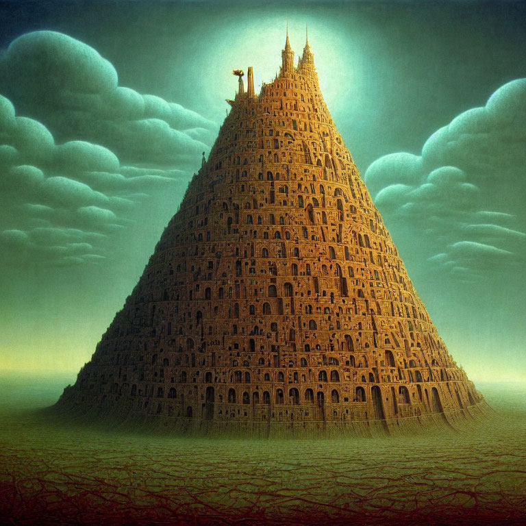 Dramatic Tower of Babel with many windows under mystical sky