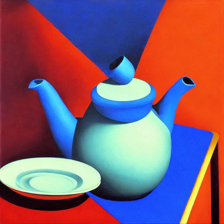 Abstract painting of blue teapot and plate with bold geometric shapes