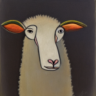 Surreal sheep painting with intense gaze and colorful oversized ears