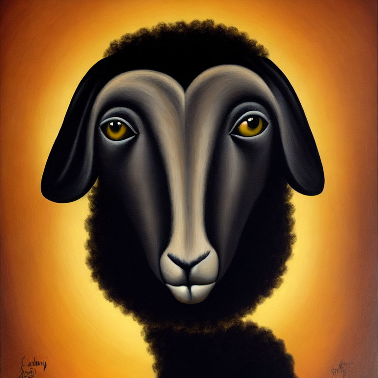 Stylized painting: Black sheep with yellow eyes on golden-orange background