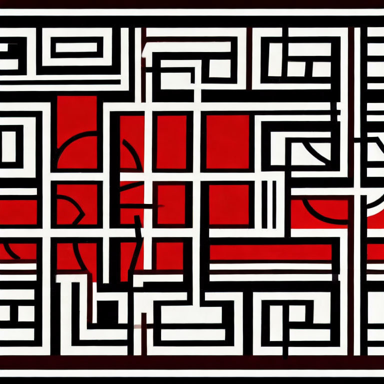 Abstract Black, White, and Red Geometric Maze Pattern