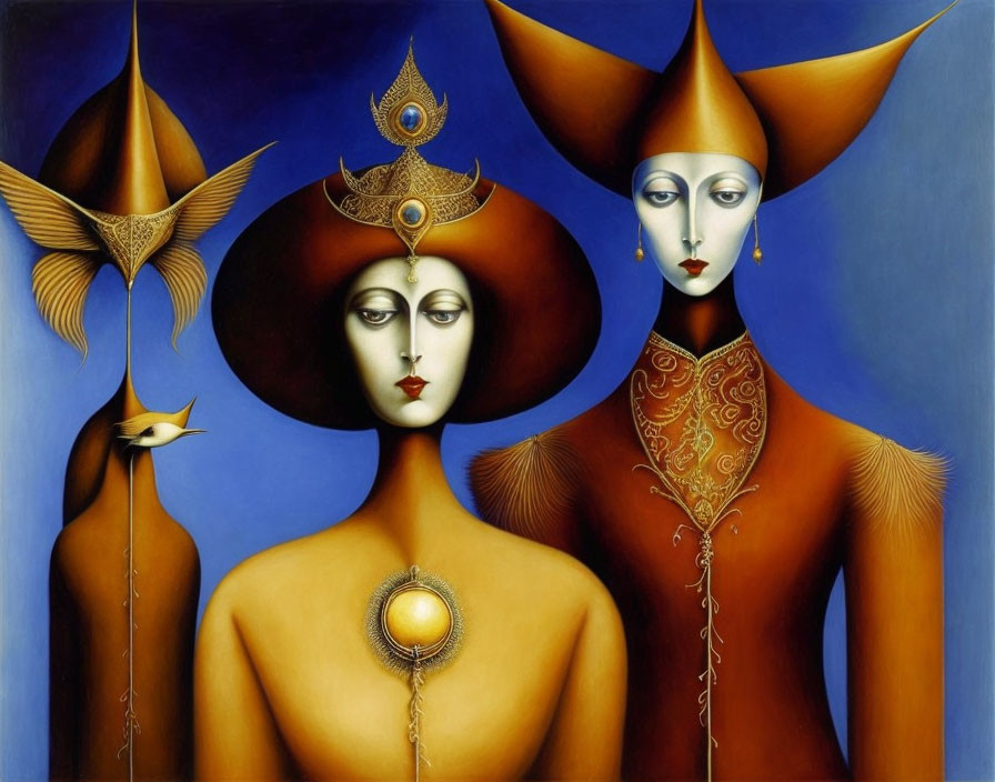 Surreal painting: Two figures with elongated necks and triangle hats, adorned with jewels,