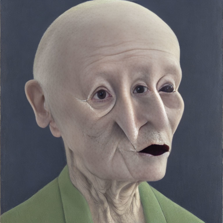Elderly character with bald head, prominent ears, deep-set eyes, and wrinkles in green garment