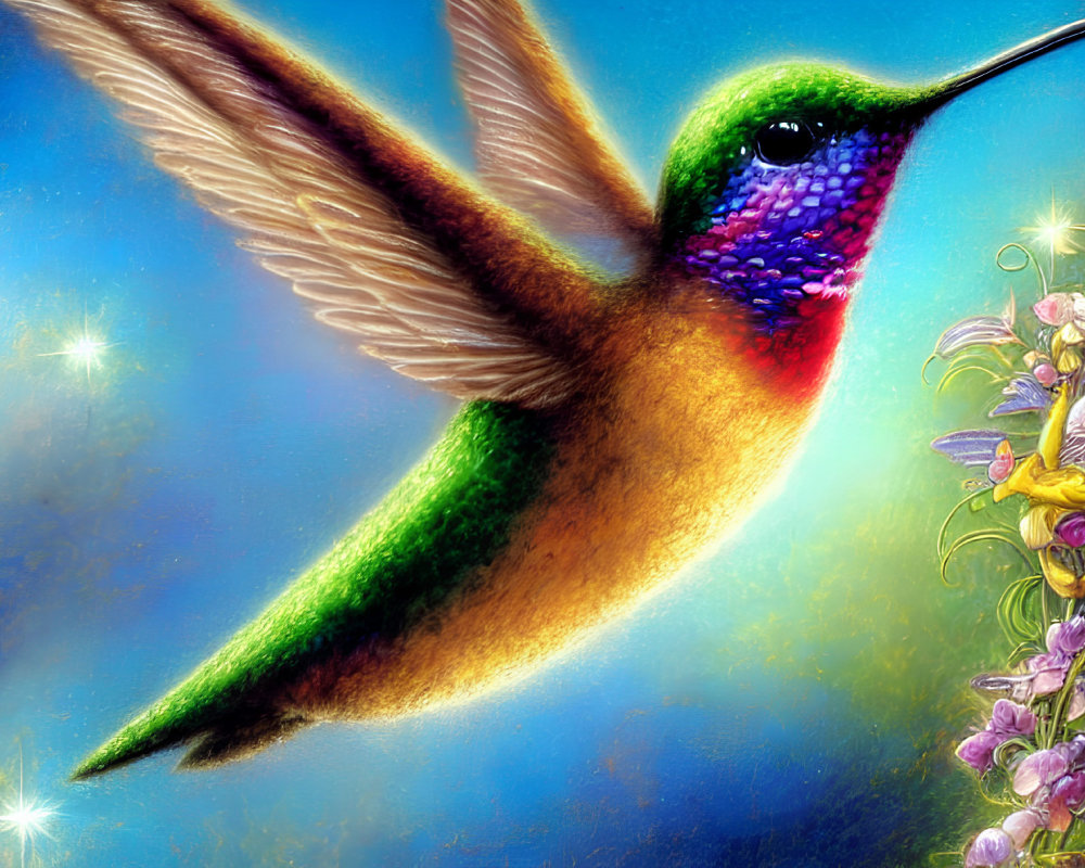 Colorful Hummingbird Painting with Iridescent Feathers and Flowers