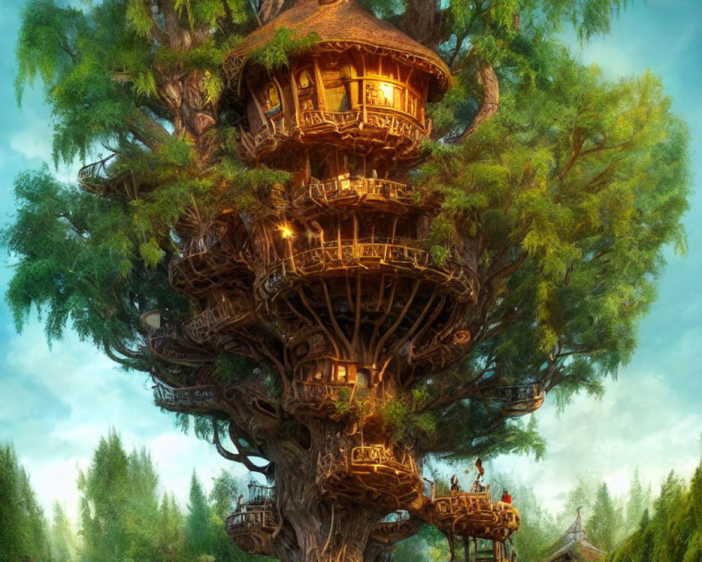 Fantastical multi-level treehouse in lush forest