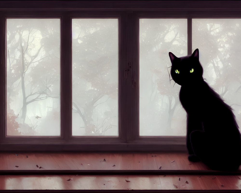 Silhouette of black cat with glowing green eyes by misty window.