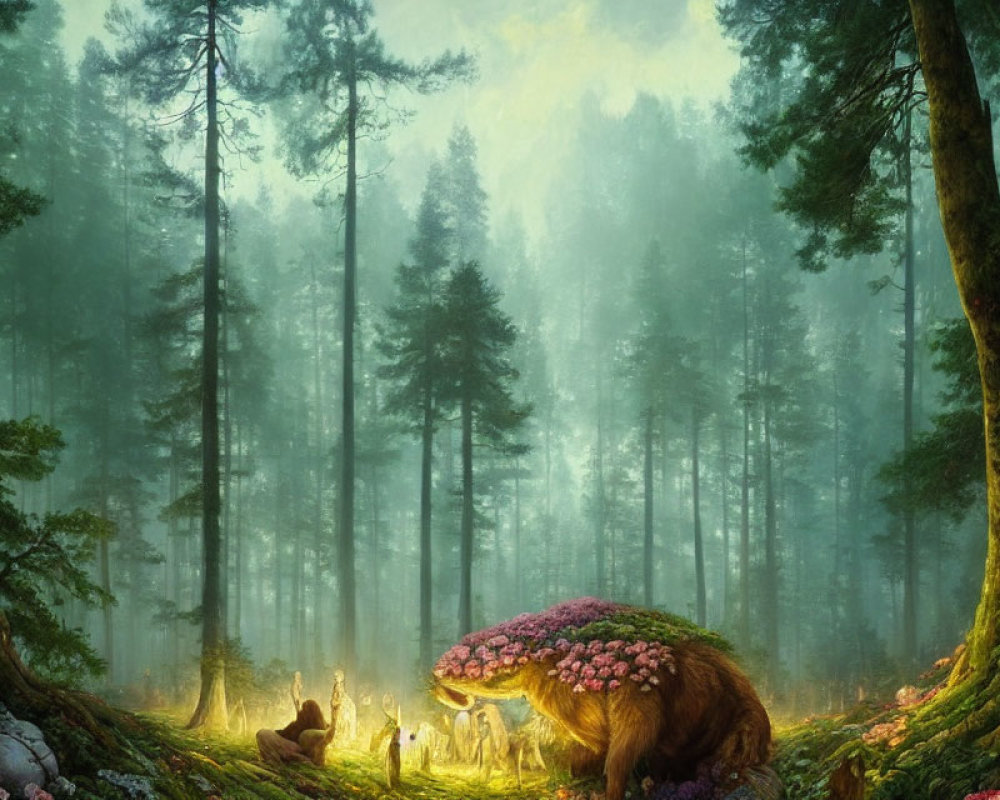 Tranquil forest scene with animals around mushroom-shaped tree