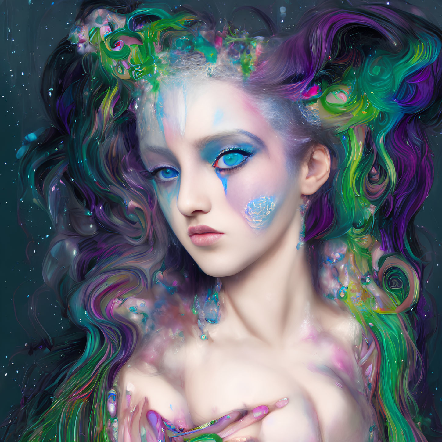 Colorful digital artwork of woman with cosmic-themed makeup and vibrant multicolored hair.
