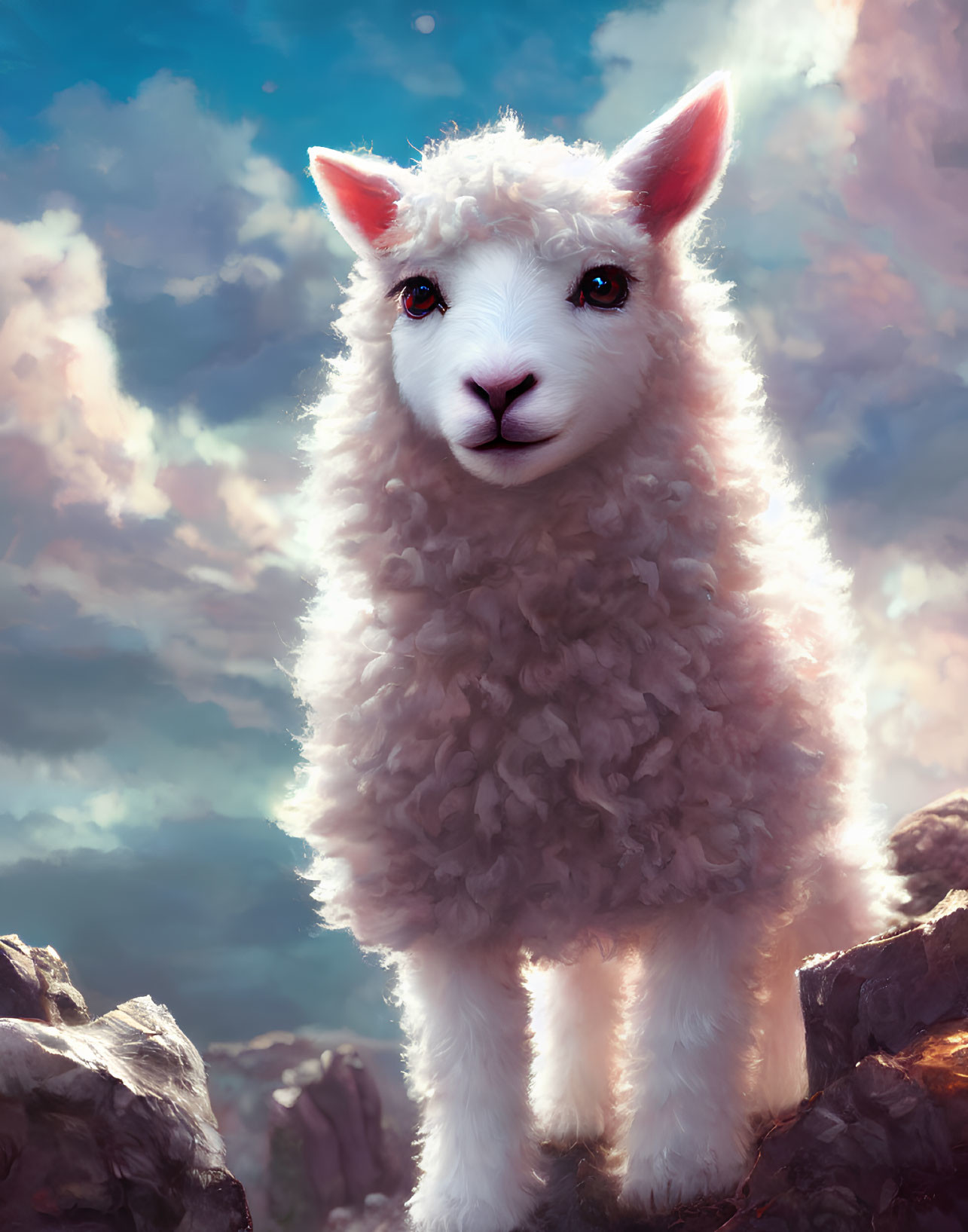 White llama with woolly coat on rocky terrain under dramatic sky