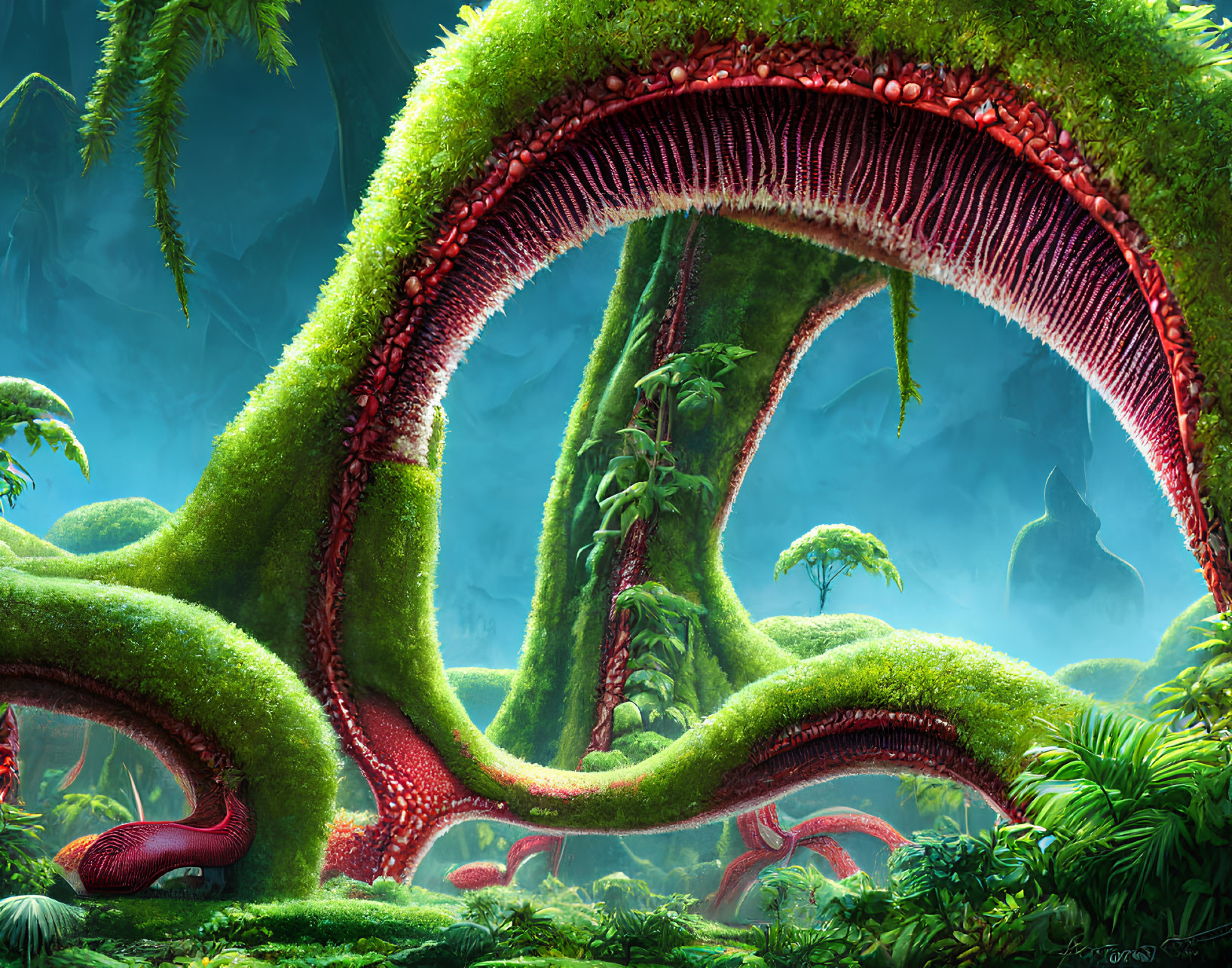 Fantastical jungle with oversized green plants and red arches