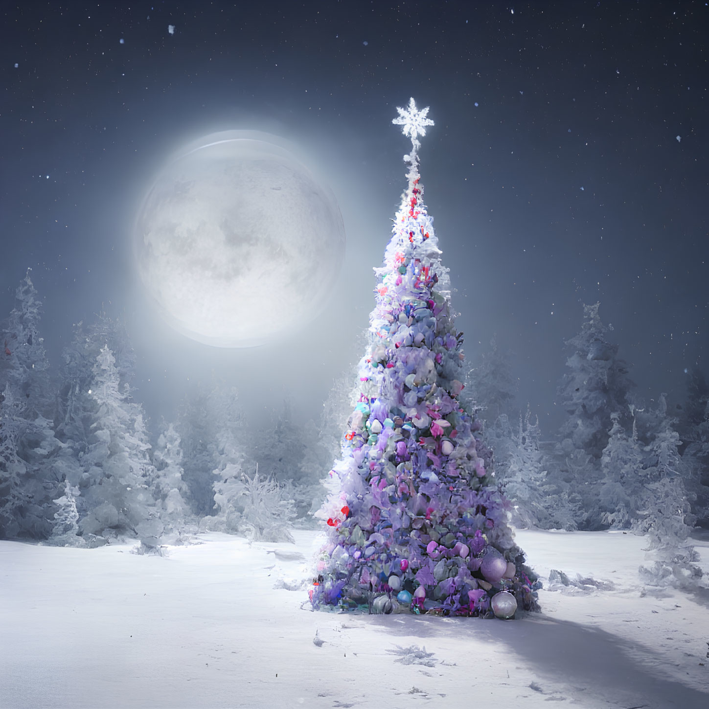 Decorated Christmas tree under full moon in snowy landscape