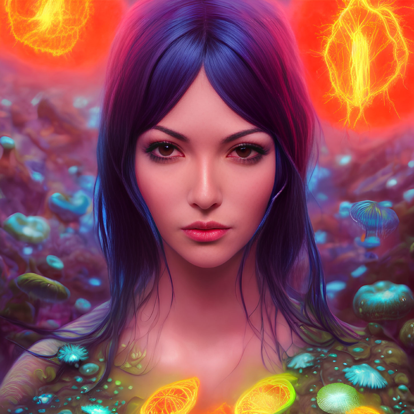 Vibrant digital artwork: Woman with purple and blue hair, surrounded by fantastical flora and glowing
