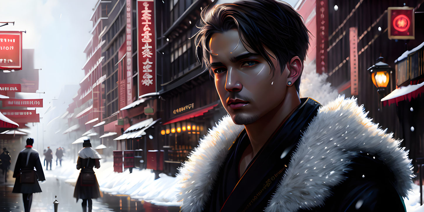 Dark-haired man in fur-collared jacket on snowy city street