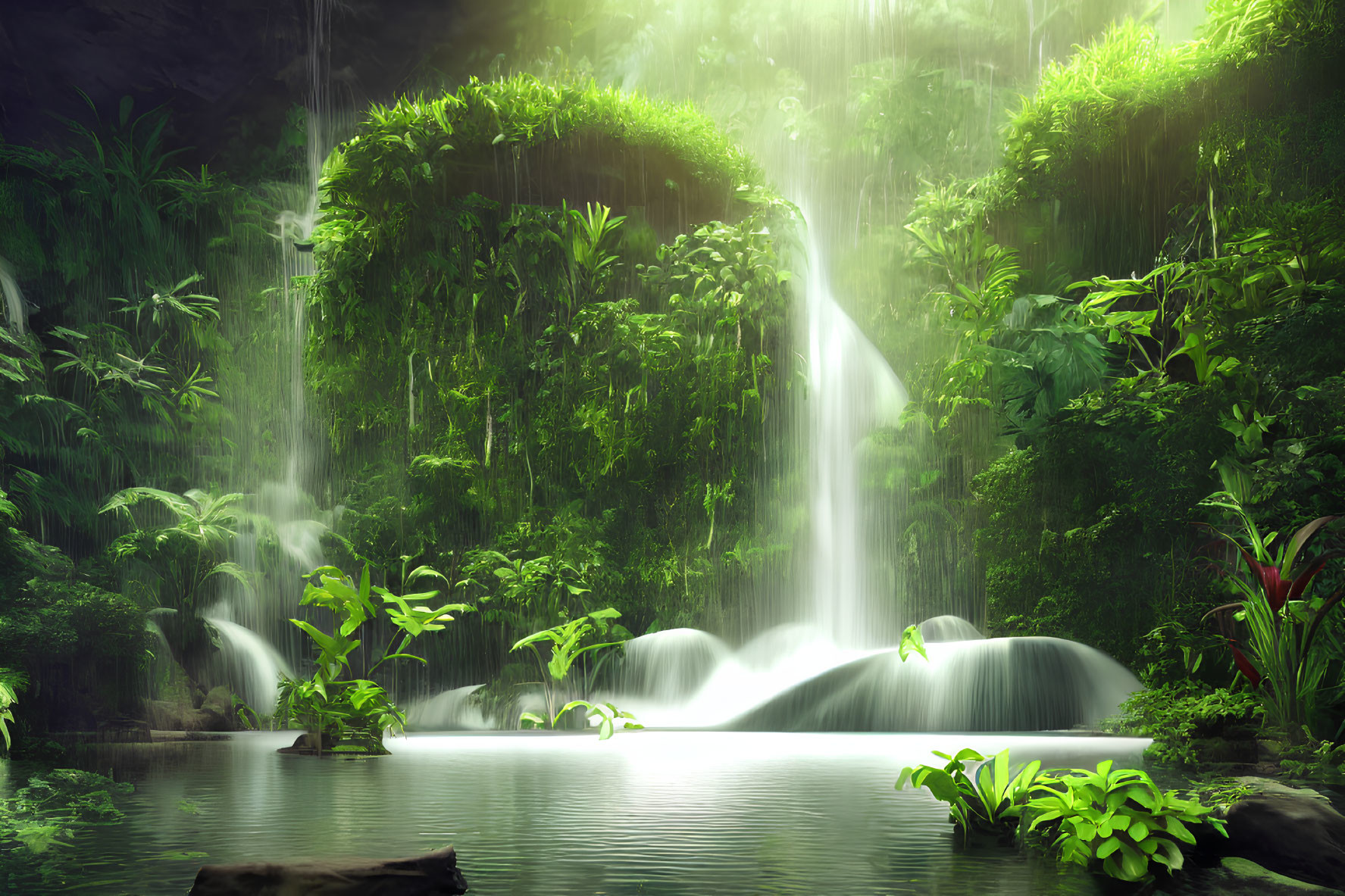 Tranquil waterfall in lush rainforest setting