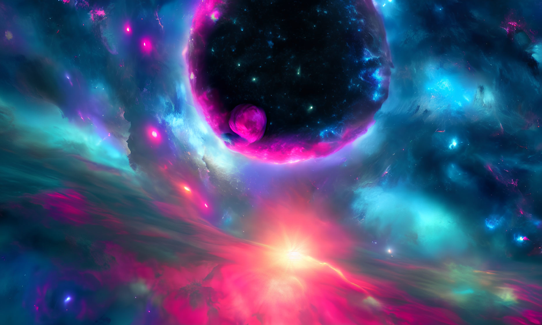 Colorful cosmic scene with glowing nebula and bright star