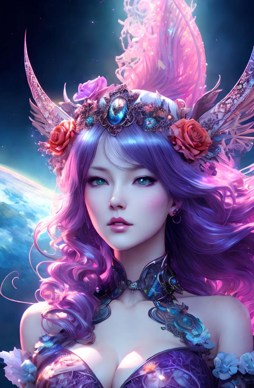 Digital artwork: Woman with violet hair, decorative horns, floral crown on cosmic background with planet