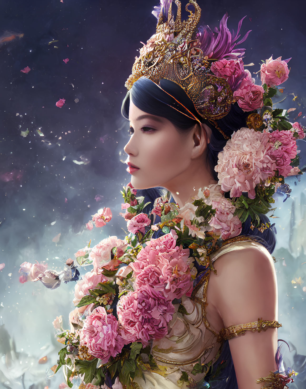Woman with ornate headdress and pink roses in celestial setting