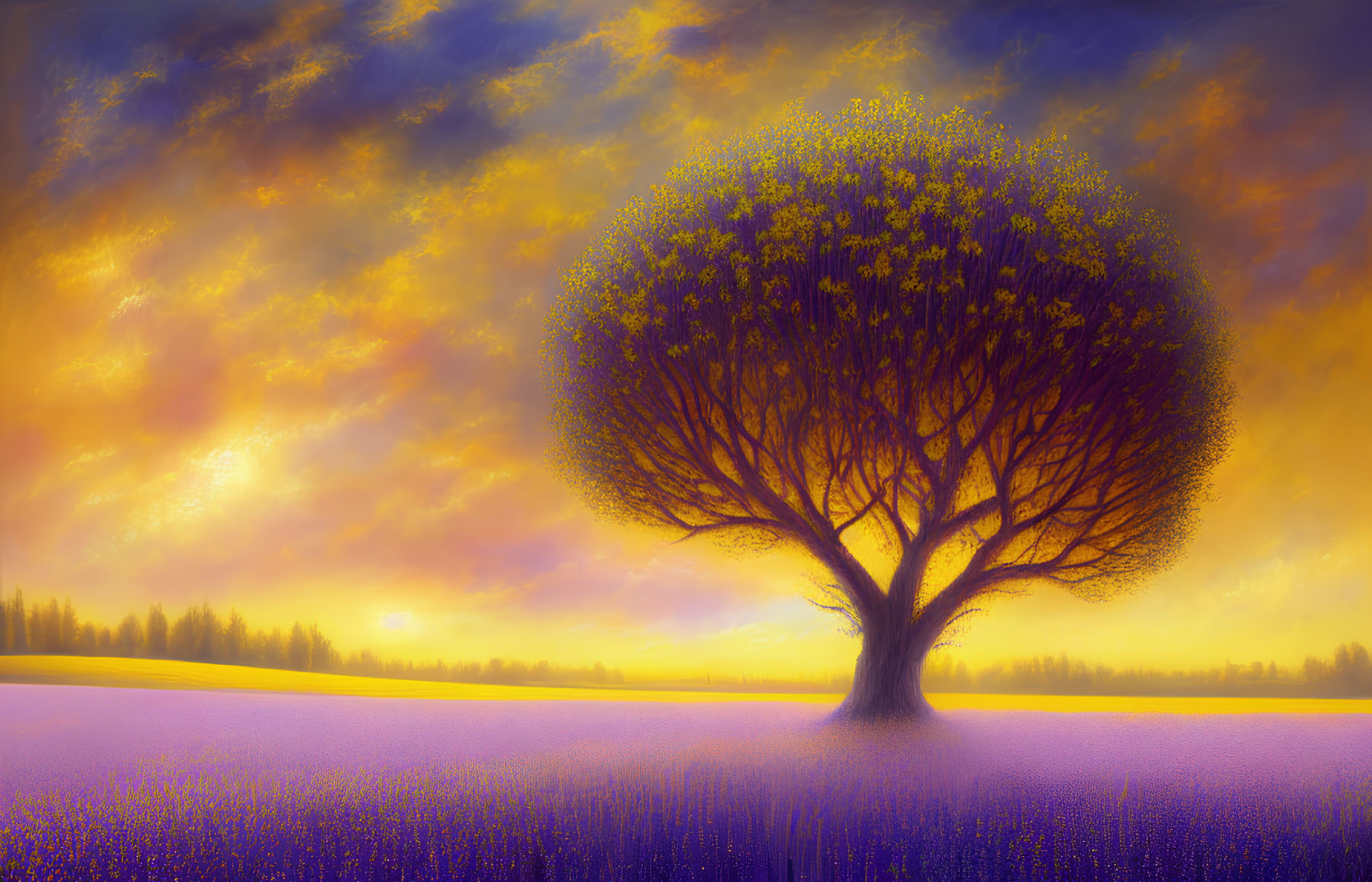 Colorful landscape with lone tree in purple flower field under dramatic sky