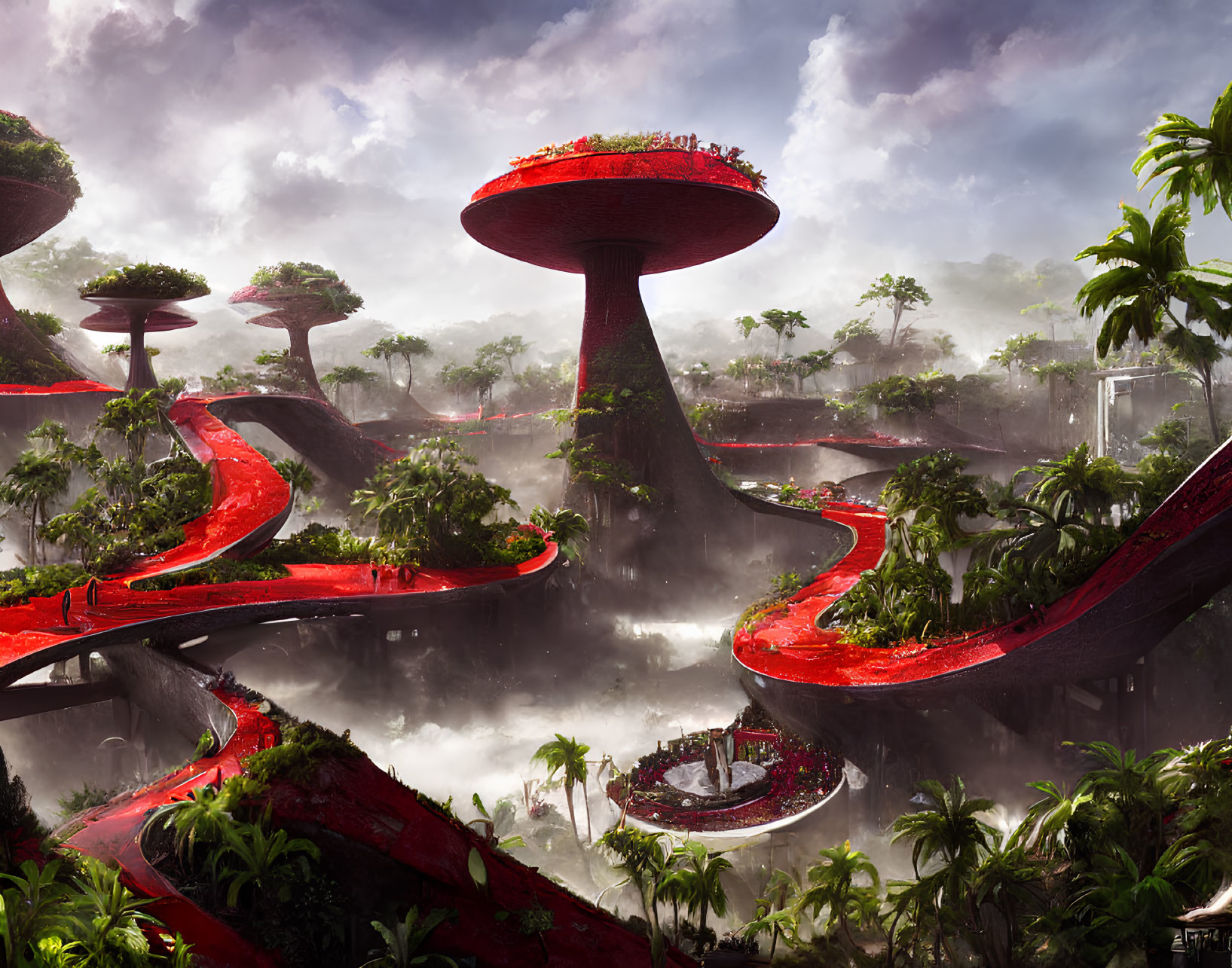 Sci-fi cityscape with red mushroom towers in misty rainforest.