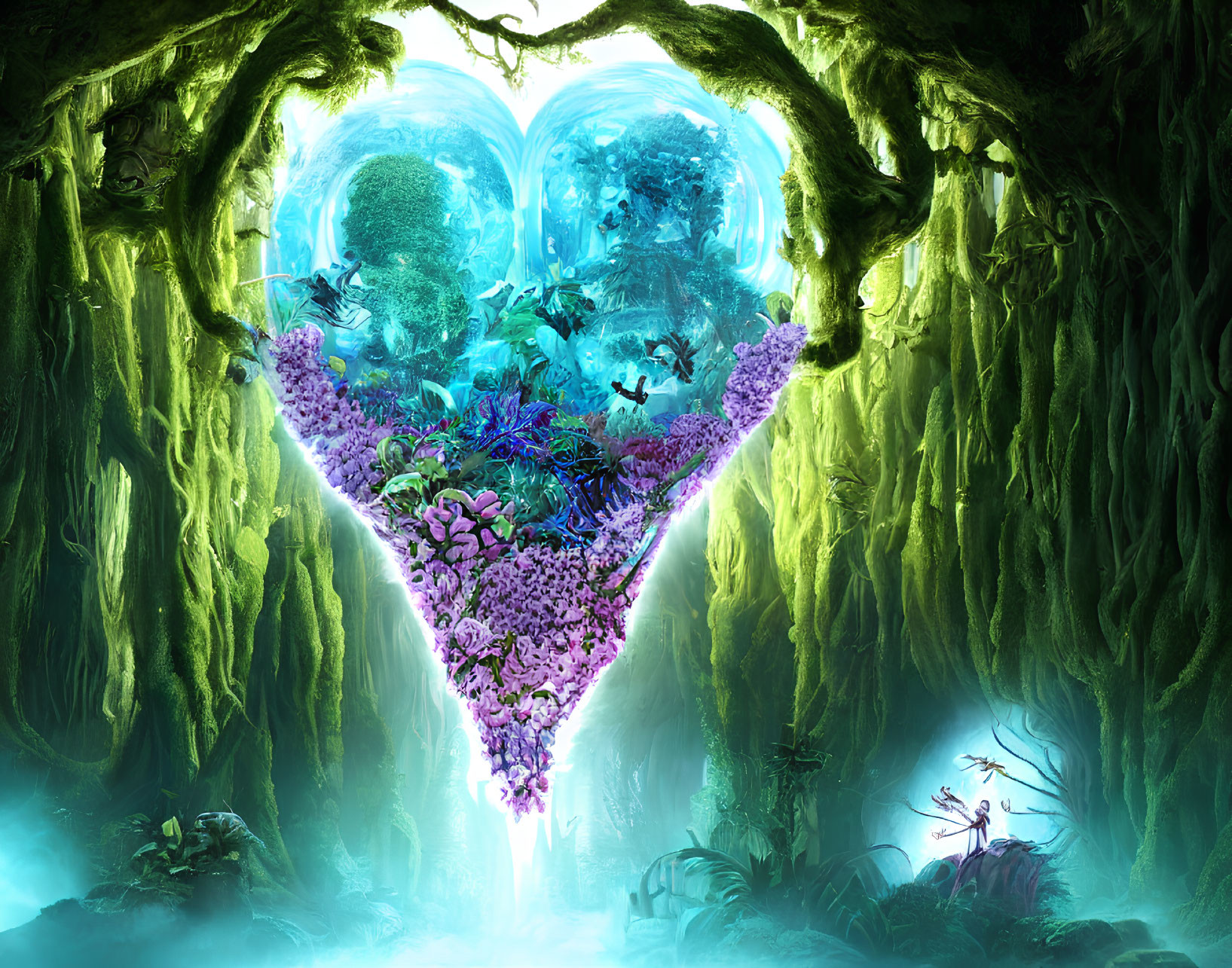 Colorful heart-shaped portal in lush forest with waterfalls and butterflies