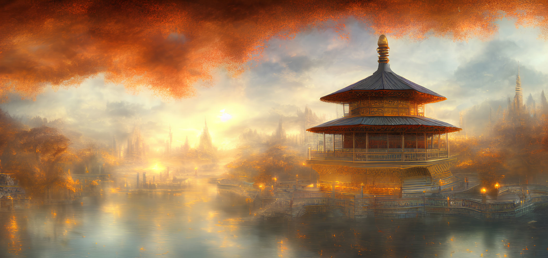 Asian-style pagoda near mist-covered lake in autumnal scene.