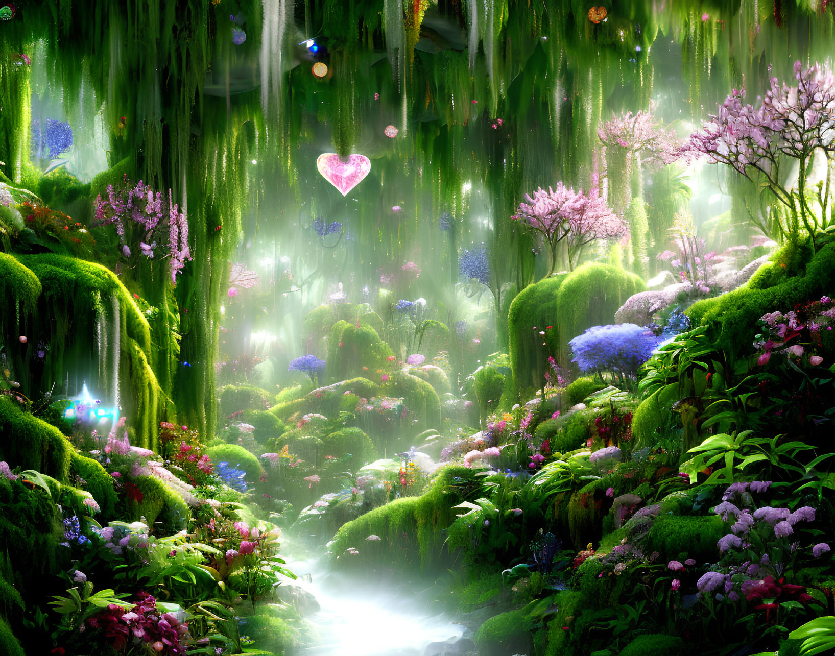 Enchanting forest scene with glowing river, floating lights, heart-shaped crystals, and blooming flowers
