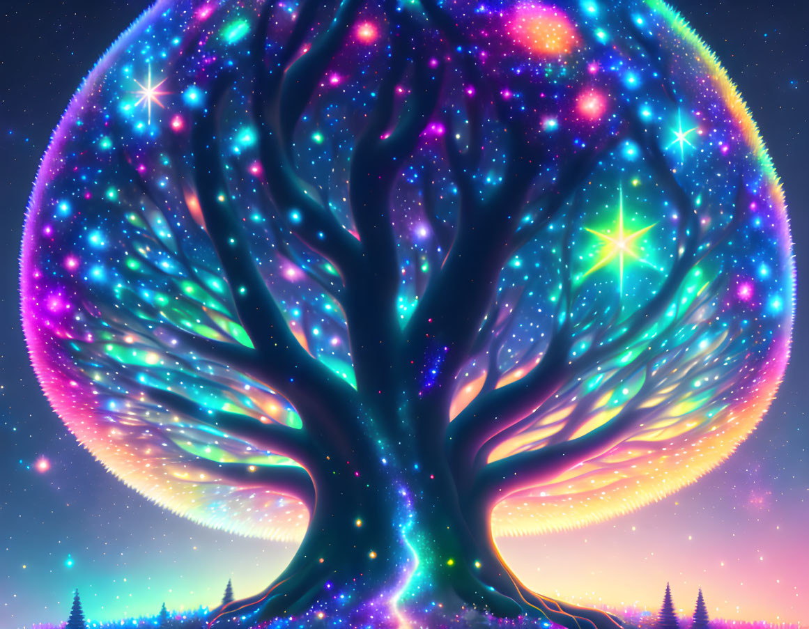 Colorful cosmic tree illustration with swirling galaxies and stars on a purple and blue gradient sky