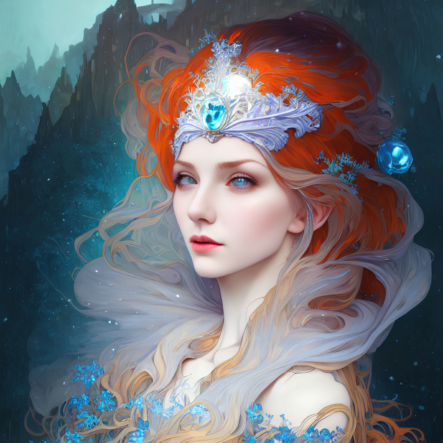 Digital Artwork: Woman with Red Hair & Frost Crown