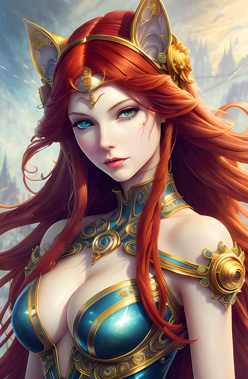 Fantasy female character with red hair, green eyes, gold armor, and cat ear headpiece.