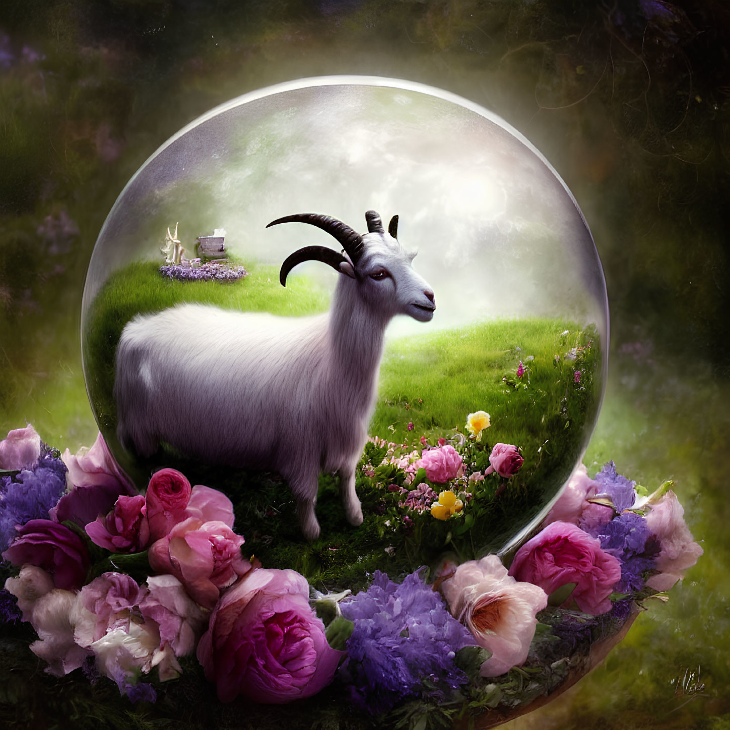 Surreal illustration: white goat in transparent bubble on meadow with roses