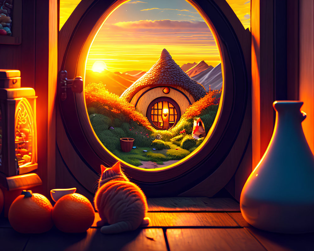 Cozy room with round window and sunset view over cottage and hills, cat and oranges in foreground.