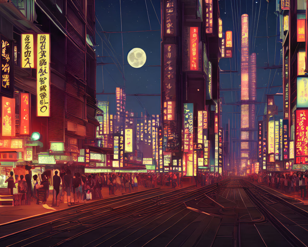 Night city street scene with neon lights, skyscrapers, crowd, and full moon